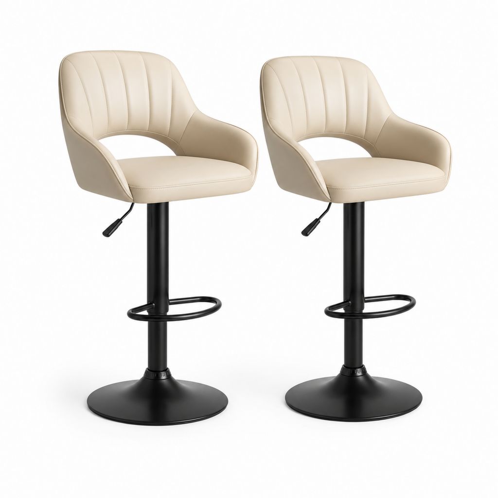 Ensemble de 2 tabourets pivotants réglables en hauteur, cuir synthétique beige et acier noir, 52 × 50 × 85-106 cm