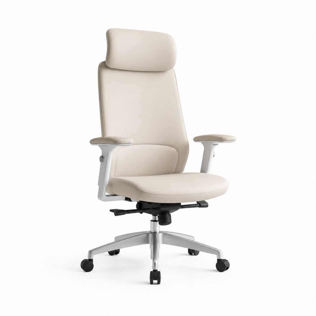 Chaise de bureau pivotante en cuir synthétique beige avec appuie-tête, accoudoirs réglables et base à 5 races, 68 × 68 × 116-126 cm