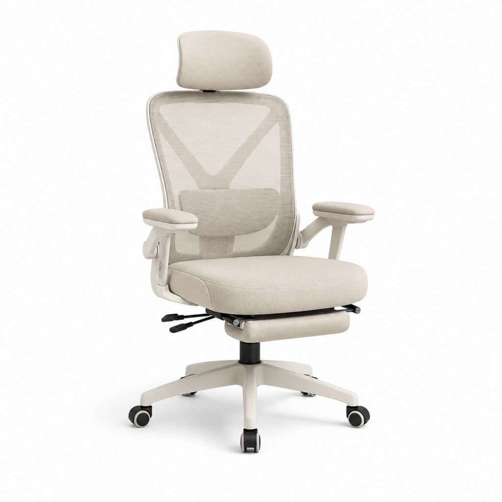 Chaise de bureau ergonomique pivotante en tissu et filet beige avec appuie-tête, support lombaire, repose-pieds et accoudoirs réglables, 68 × 68 × 116-126 cm