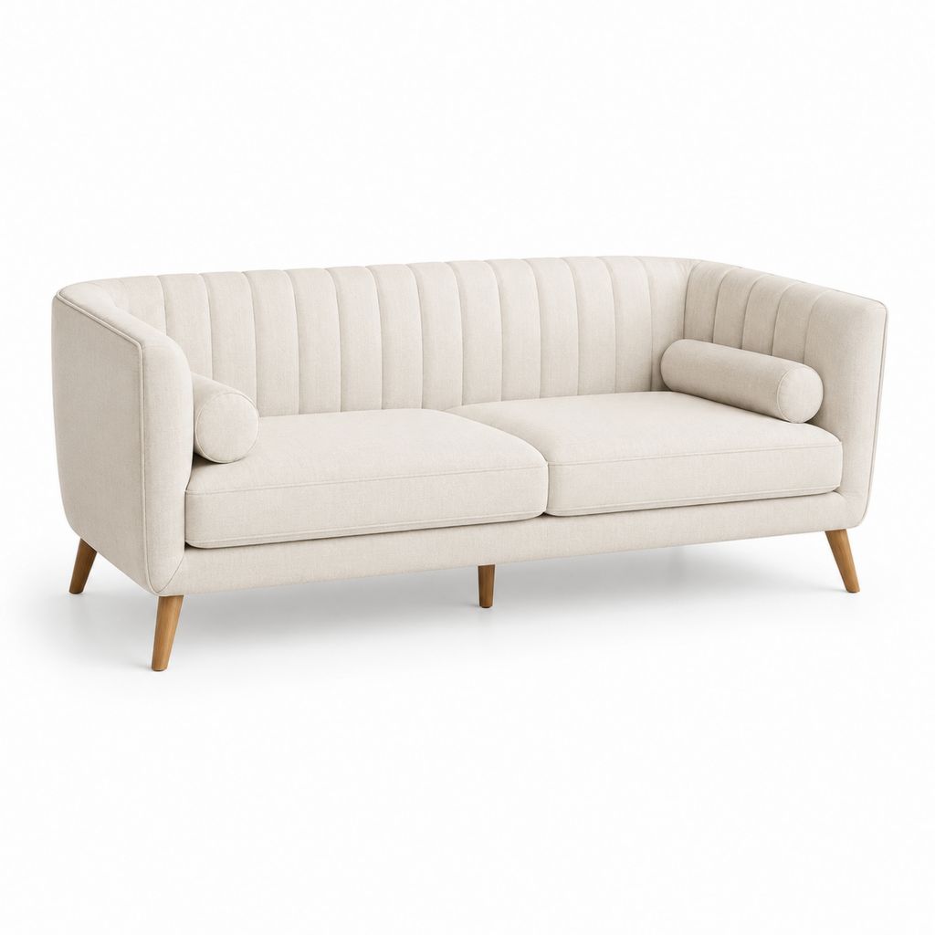 Canapé rectangulaire 3 places en polyester beige avec dossier rainuré et 2 coussins cylindriques, 200 × 84 × 78 cm