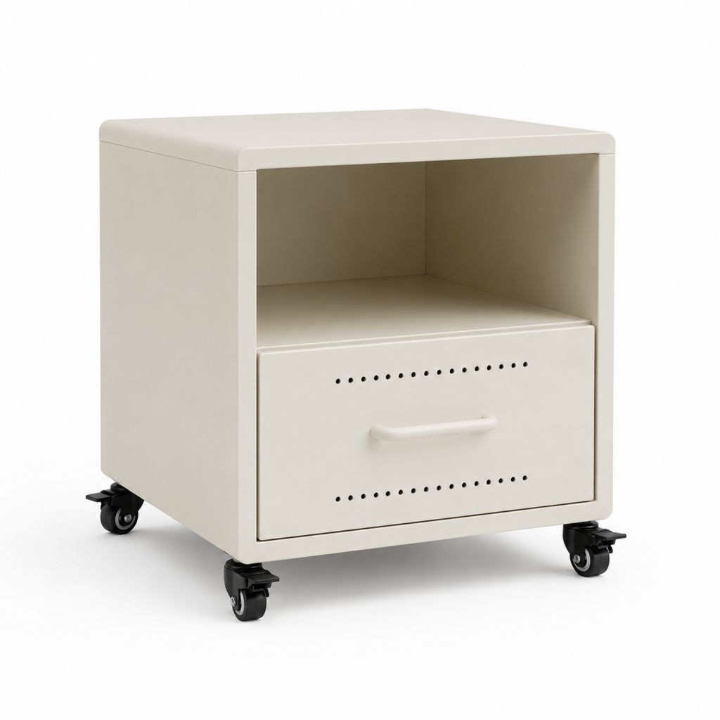 Table de nuit rectangulaire en acier verni ivoire avec tiroir et roues, 45 × 40 × 55 cm