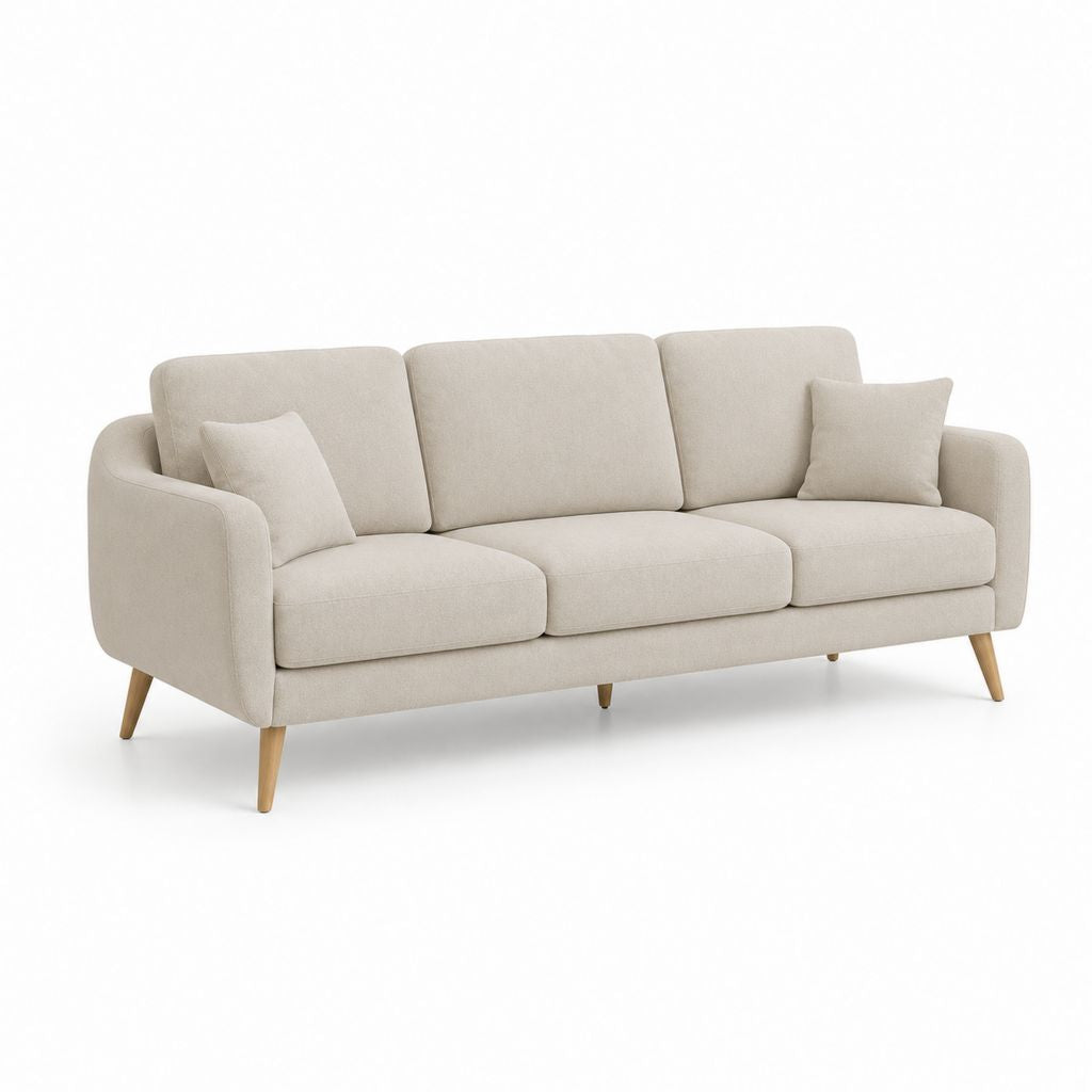 Canapé linéaire à 3 places en polyester beige avec pieds en bois, 210 × 85 × 85 cm