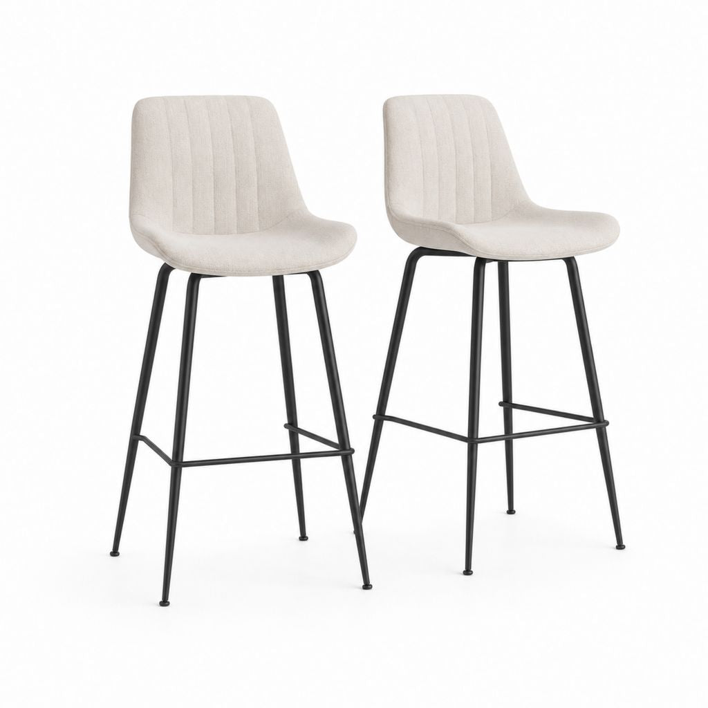 Ensemble de 2 tabourets rembourrés en polyester crème avec dossier incurvé et jambes en acier noir, 49 × 52 × 101 cm