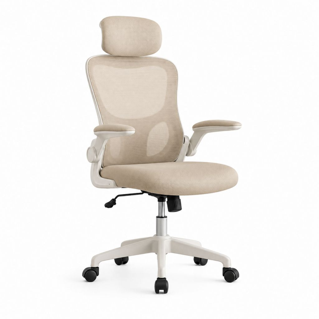 Chaise de bureau ergonomique en filet beige avec appuie-tête, accoudoirs basculables et hauteur réglable, 66 × 66 × 112-122 cm