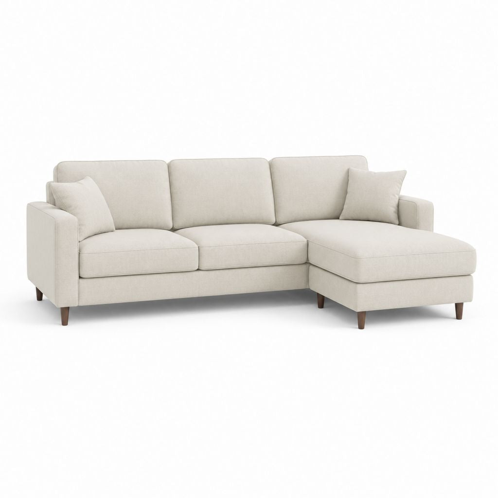 Canapé angulaire 3 places en tissu beige avec péninsule droite, 245 × 155 × 88 cm