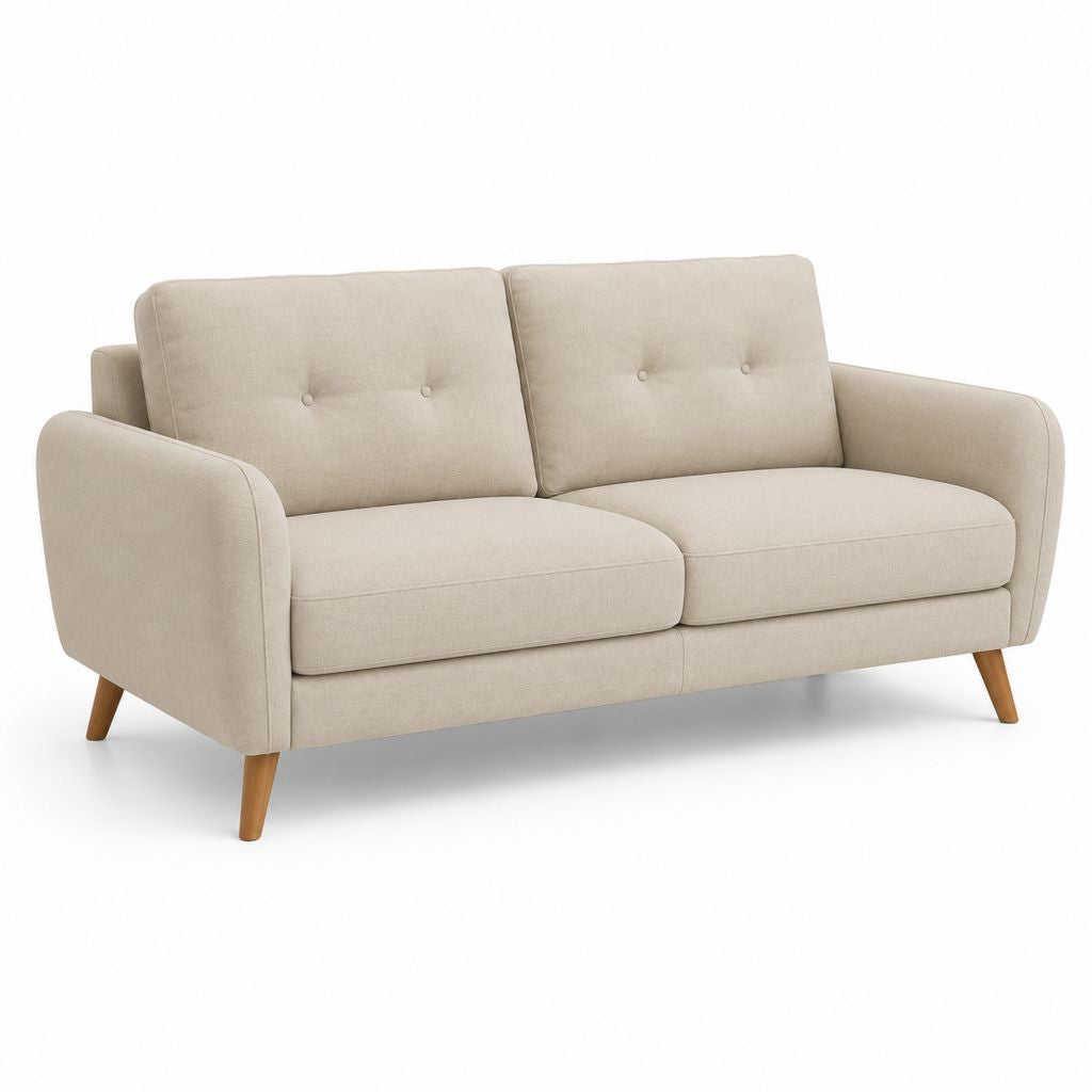 Canapé rectangulaire à 2 places en tissu beige avec pieds en bois, 180 × 83 × 84 cm
