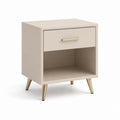 Table de nuit rectangulaire en bois et métal beige et or avec tiroir et compartiment ouvert, 45 × 35 × 58 cm