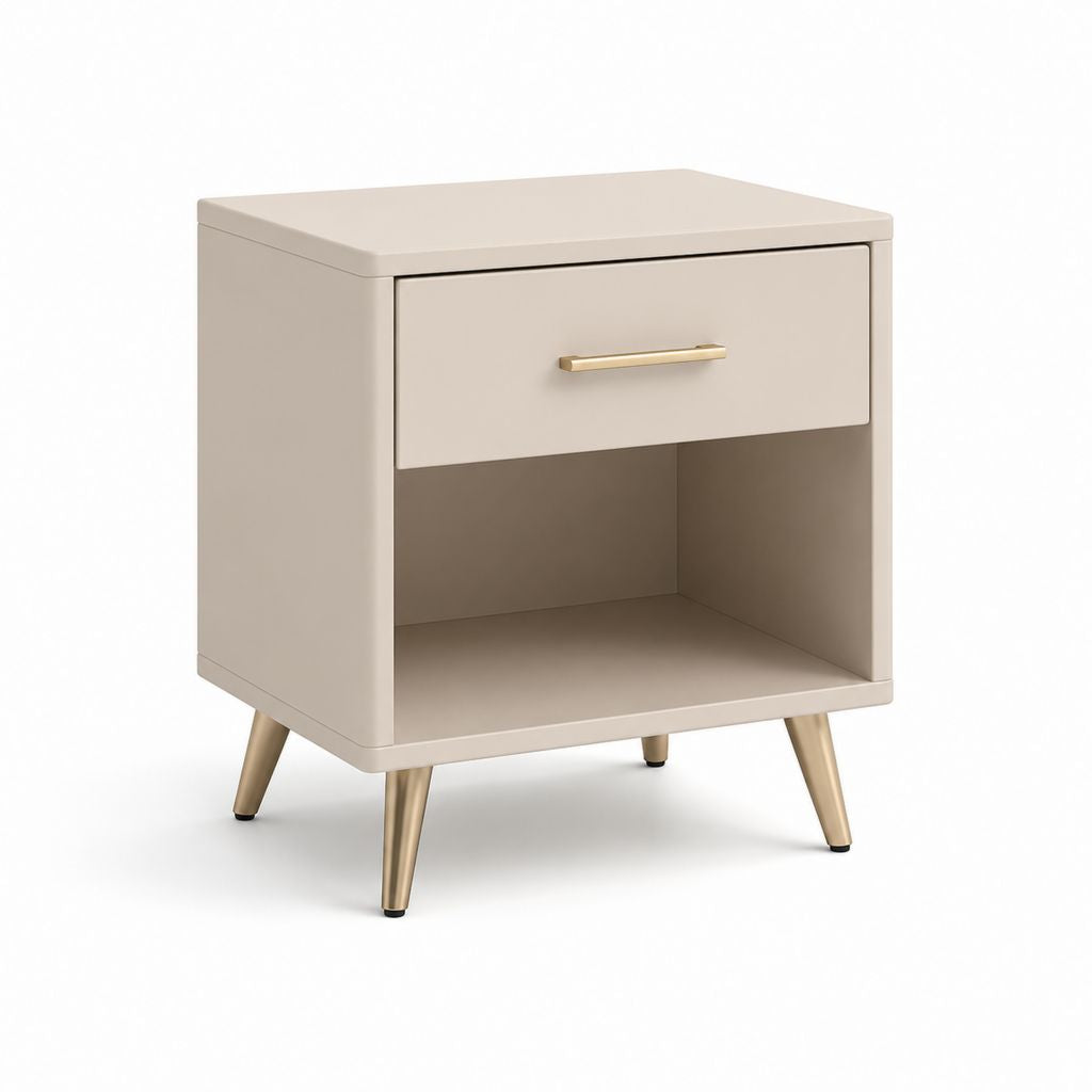 Table de nuit rectangulaire en bois et métal beige et or avec tiroir et compartiment ouvert, 45 × 35 × 58 cm