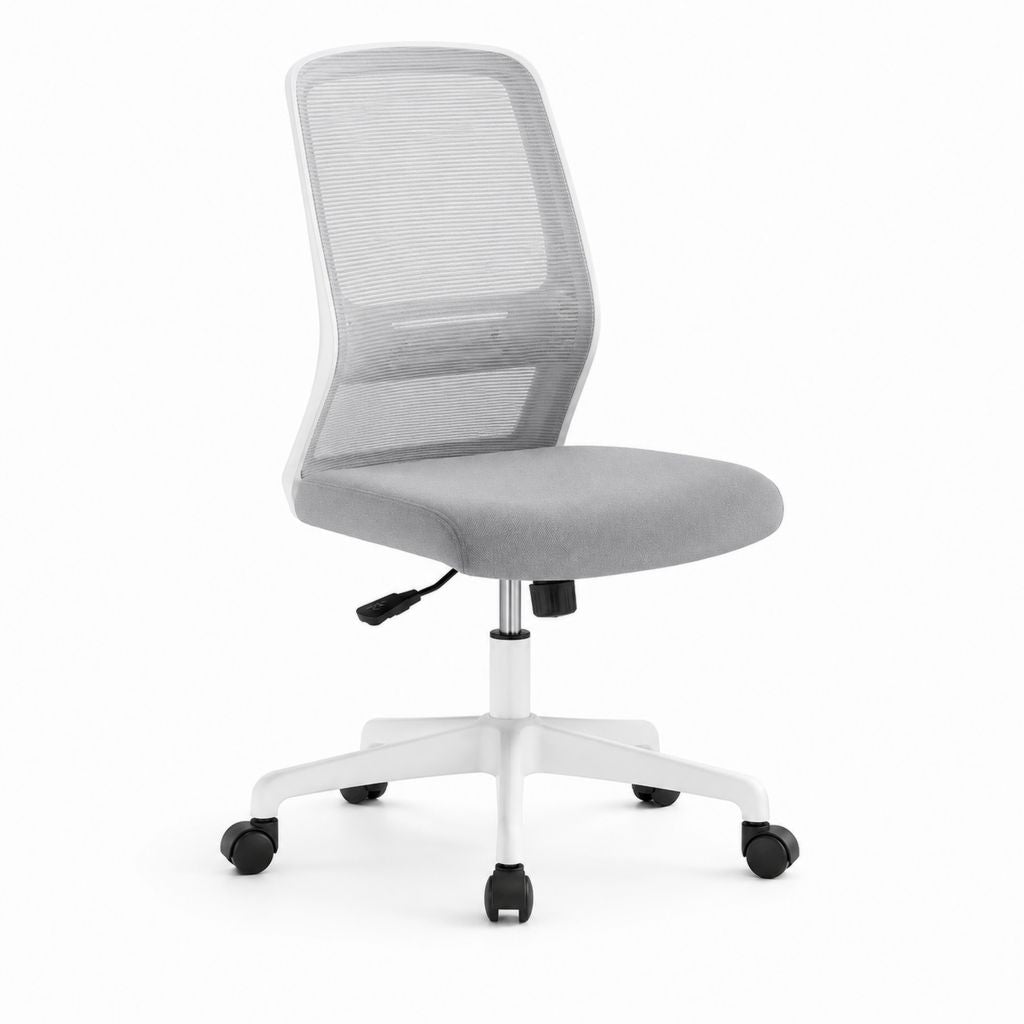 Chaise de bureau pivotante gris et blanc en tissu et filet, réglable, 60 × 60 × 89-99 cm