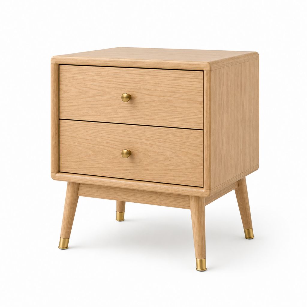Table de nuit rectangulaire avec 2 tiroirs en MDF plaqué chêne et pieds en bois massif, chêne naturel, 45 × 40 × 55 cm