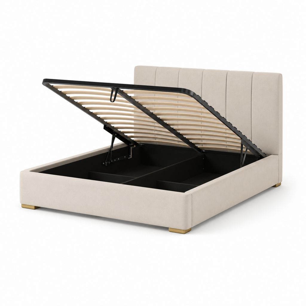 Lit double contenant rembourré en polyester beige avec filet à lattes et pistons à gaz, pour matelas 160 × 200 cm, 175 × 215 × 110 cm