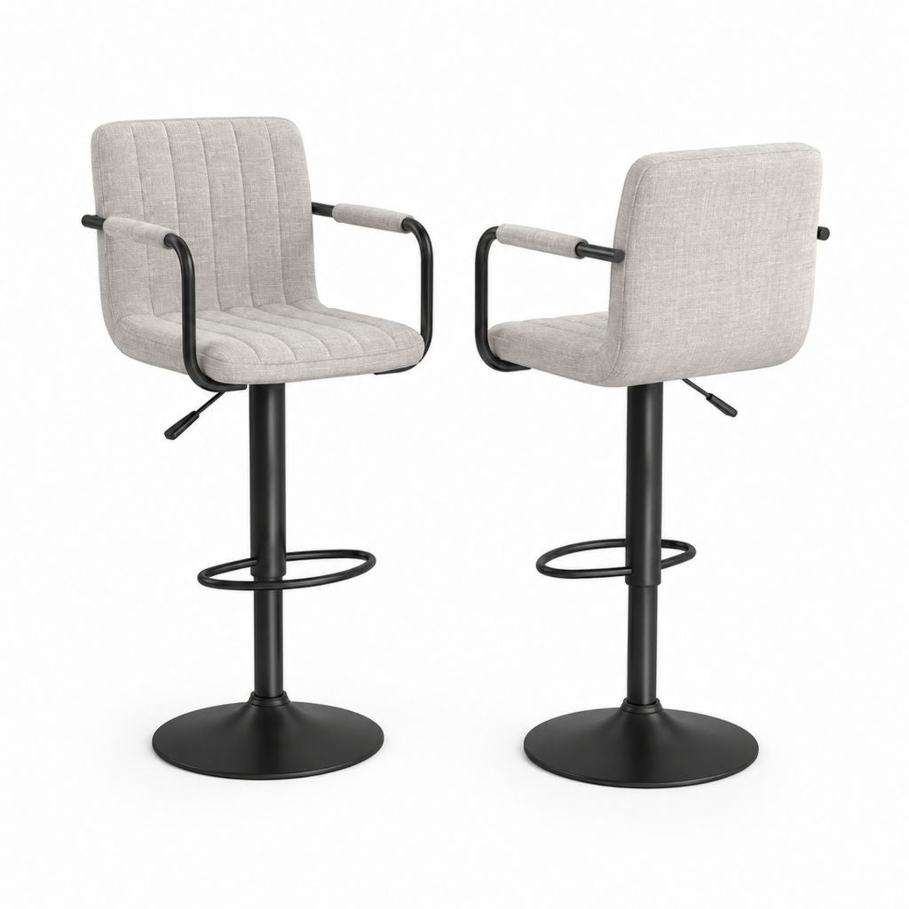 Ensemble de 2 tabourets pivotants et réglables avec accoudoirs, en tissu et métal, gris clair et noir, 55 × 52 × 89-110 cm