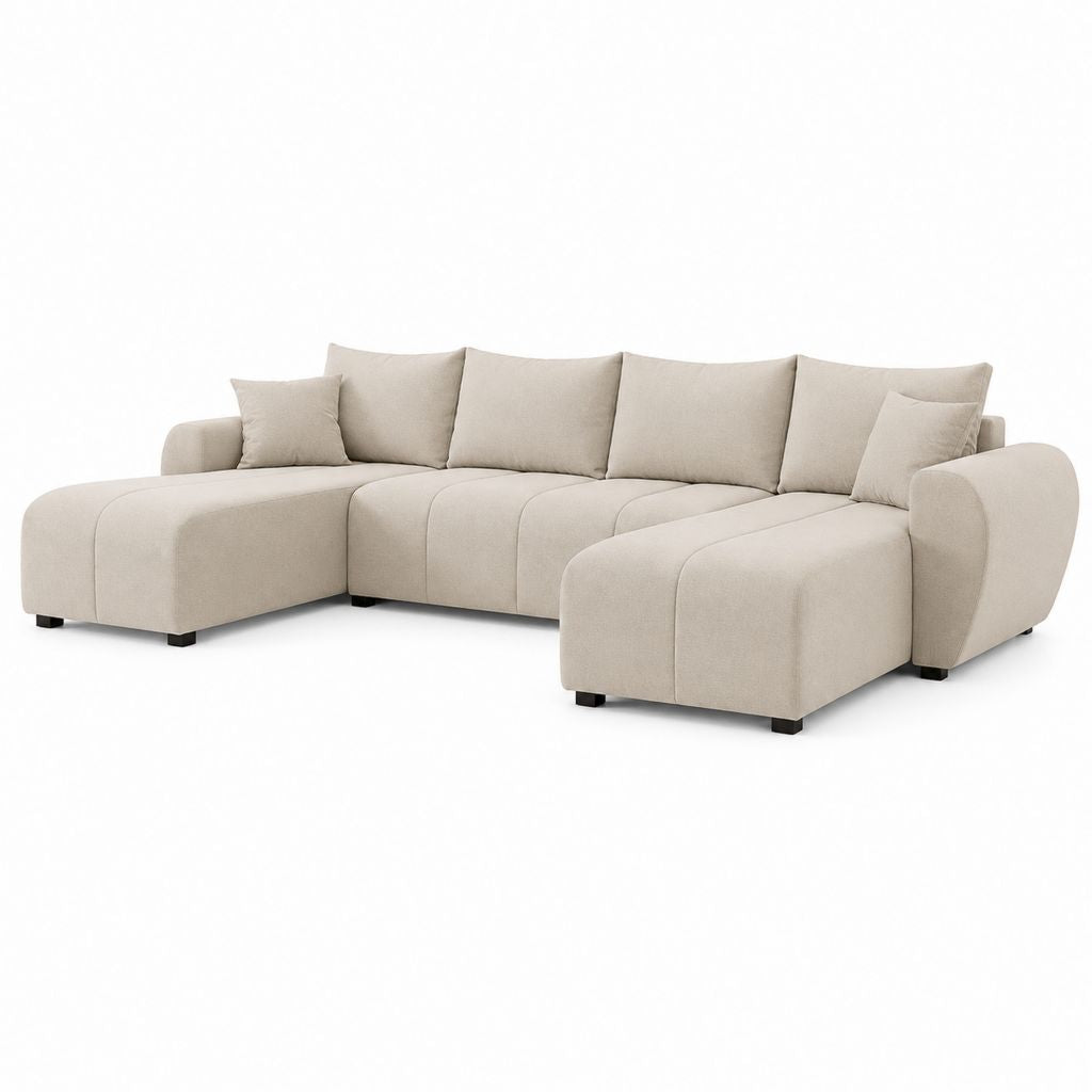 Canapé modulaire en U à 4 places en tissu beige avec double péninsule, composition de 3 modules, 320 × 160 × 86 cm