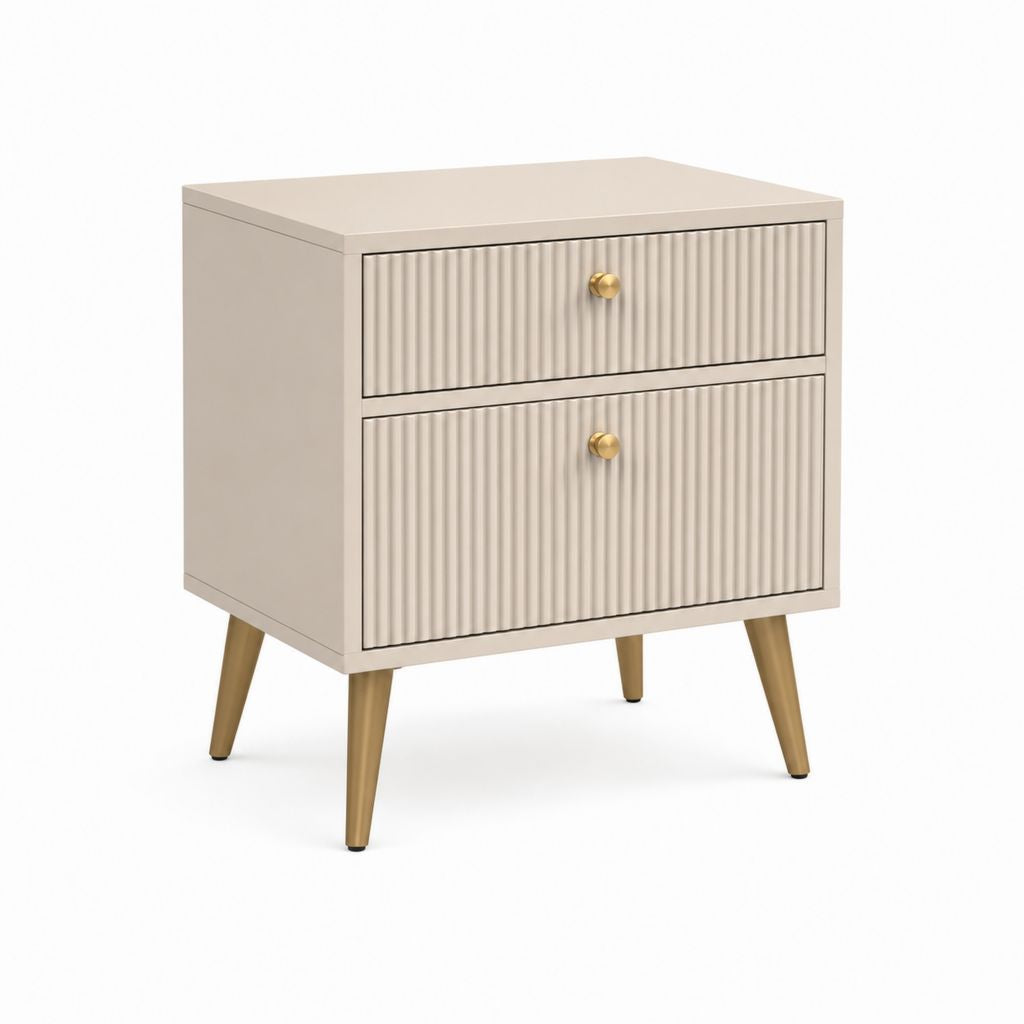 Table de chevet rectangulaire avec 2 tiroirs en MDF rainuré beige et acier doré, 50 × 40 × 60 cm