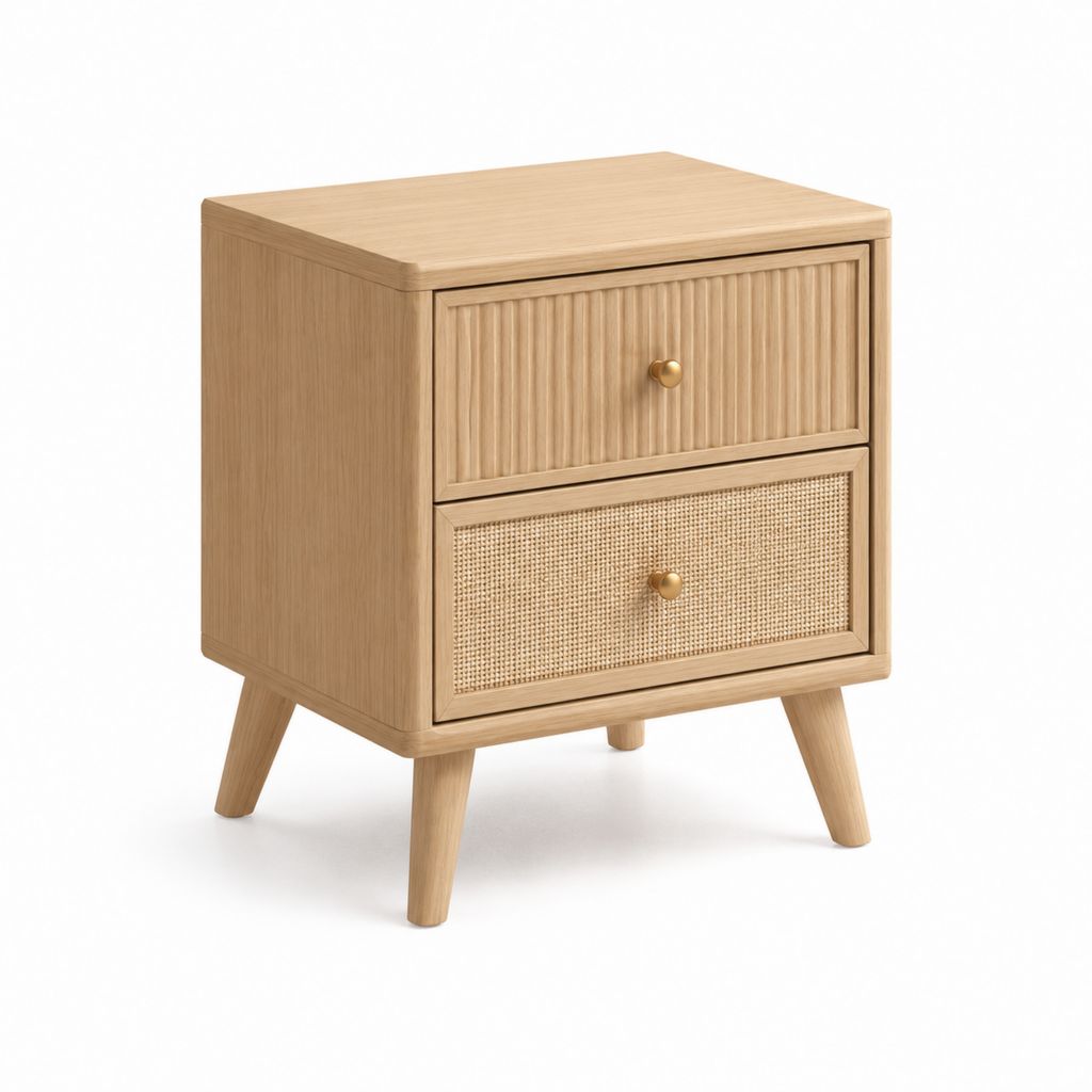 Table de nuit rectangulaire en bois et rotin avec 2 tiroirs, chêne naturel et or, 48 × 40 × 55 cm
