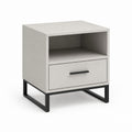 Table de nuit rectangulaire avec tiroir et compartiment ouvert en bois et acier, gris clair et noir, 45 × 40 × 55 cm