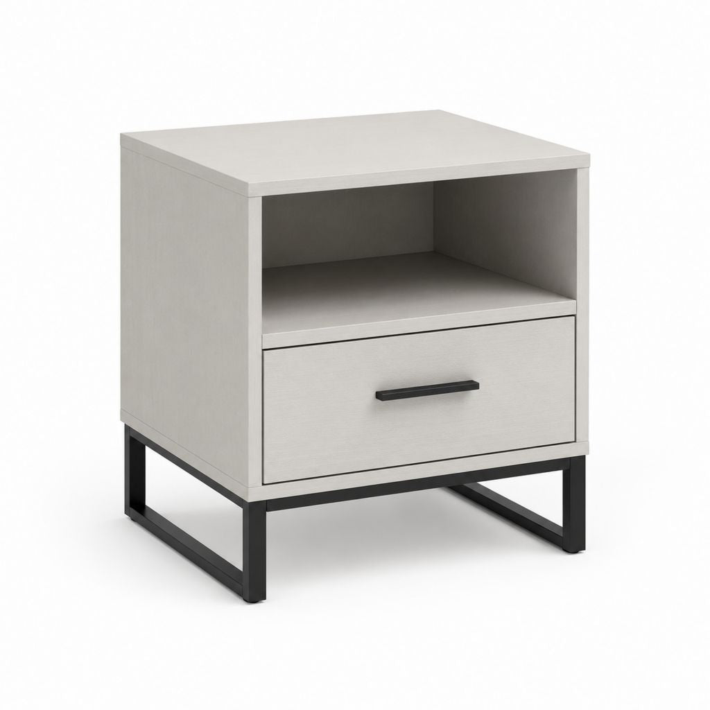 Table de nuit rectangulaire avec tiroir et compartiment ouvert en bois et acier, gris clair et noir, 45 × 40 × 55 cm