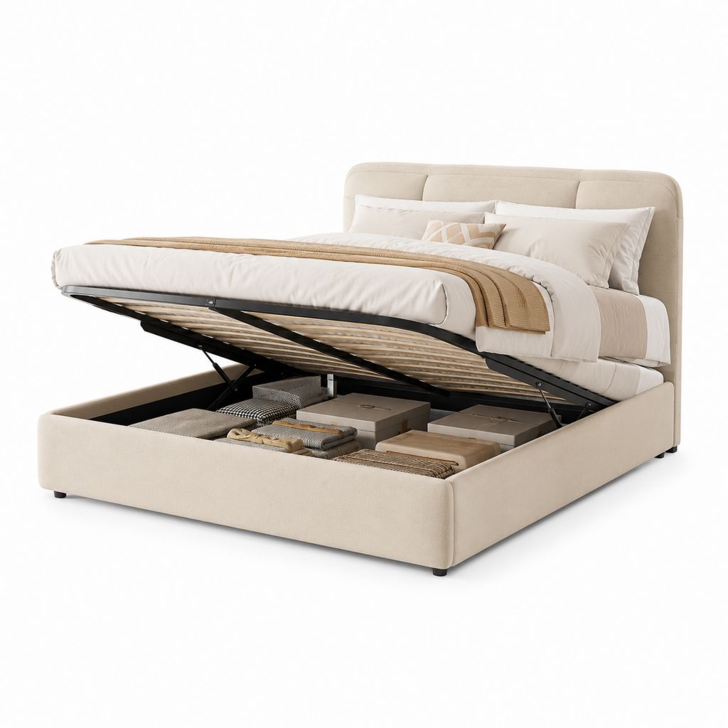 Lit double récipient beige en polyester 180 × 220 × 110 cm, filet à lattes 160 × 200 cm et levage à gaz