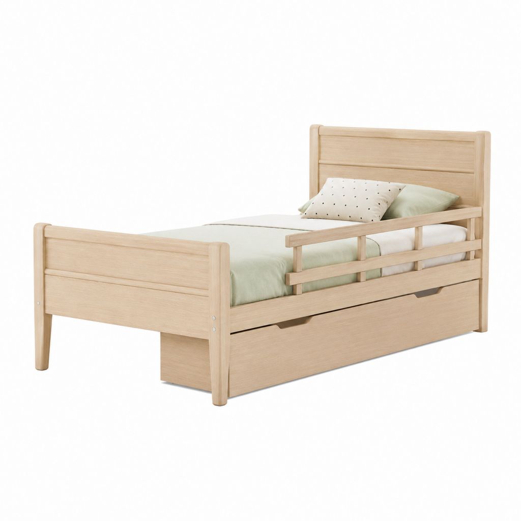 Lit simple pour enfants en bois avec tiroir de rangement, filet et rive latérale, chêne naturel, 199 × 99 × 100 cm, matelas 90 × 190 cm