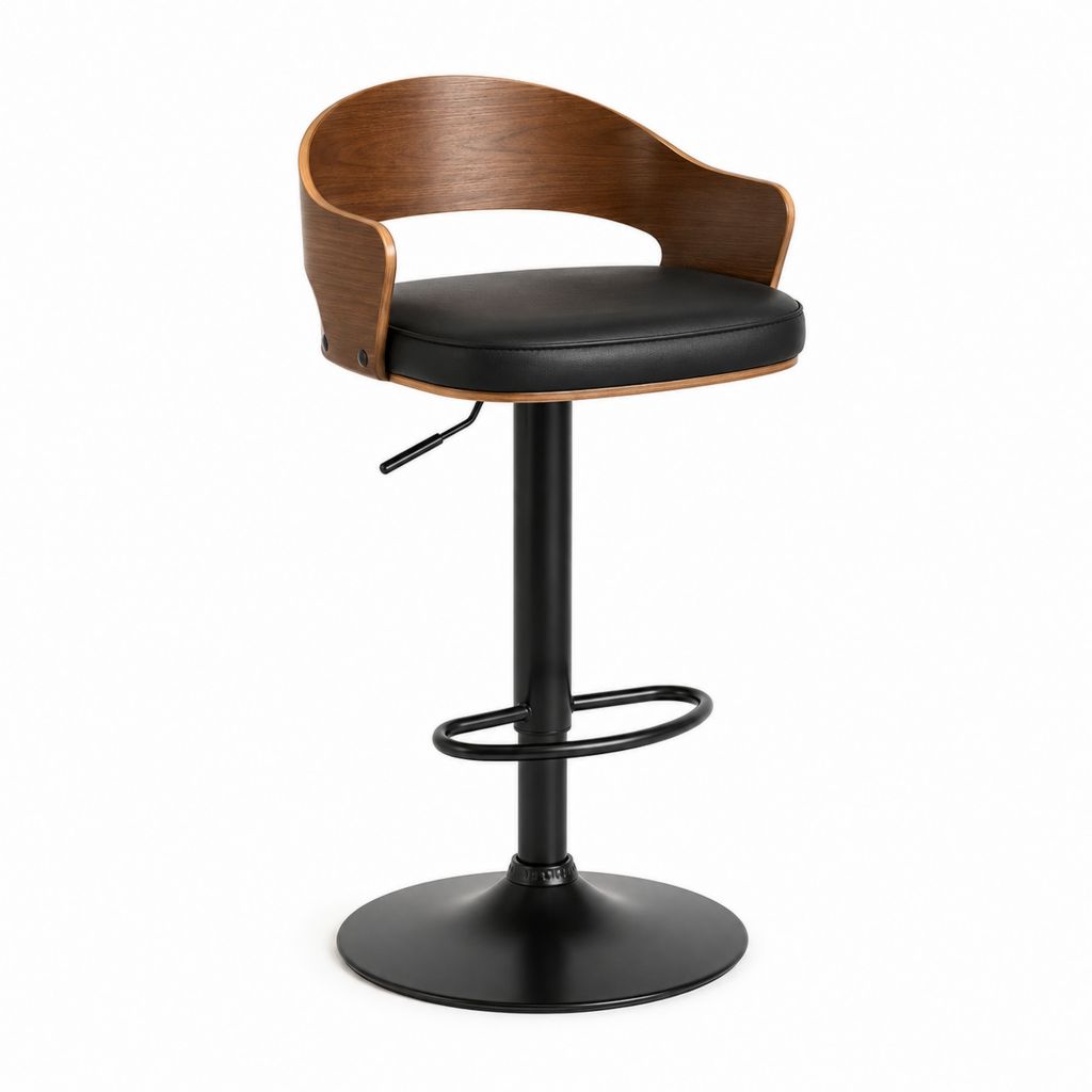 Tabouret de bar pivotant réglable en bois, cuir noir et acier, 52 × 50 × 88-109 cm