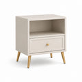 Table de nuit rectangulaire en MDF et acier avec tiroir et compartiment ouvert, beige et or, 45 × 35 × 55 cm