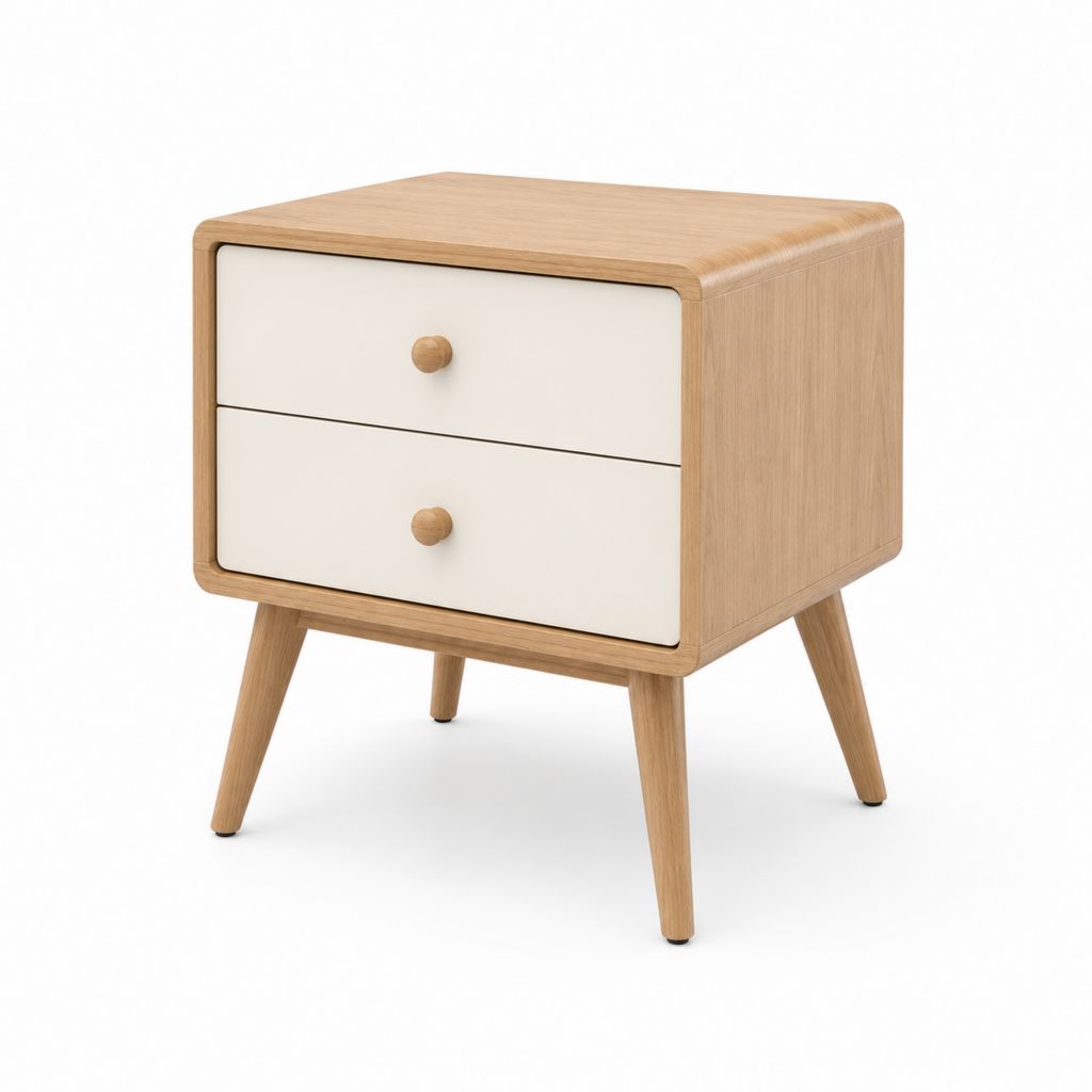 Table de nuit avec 2 tiroirs en MDF plaqué chêne et pieds en bois massif, naturel et blanc, 45 × 40 × 55 cm