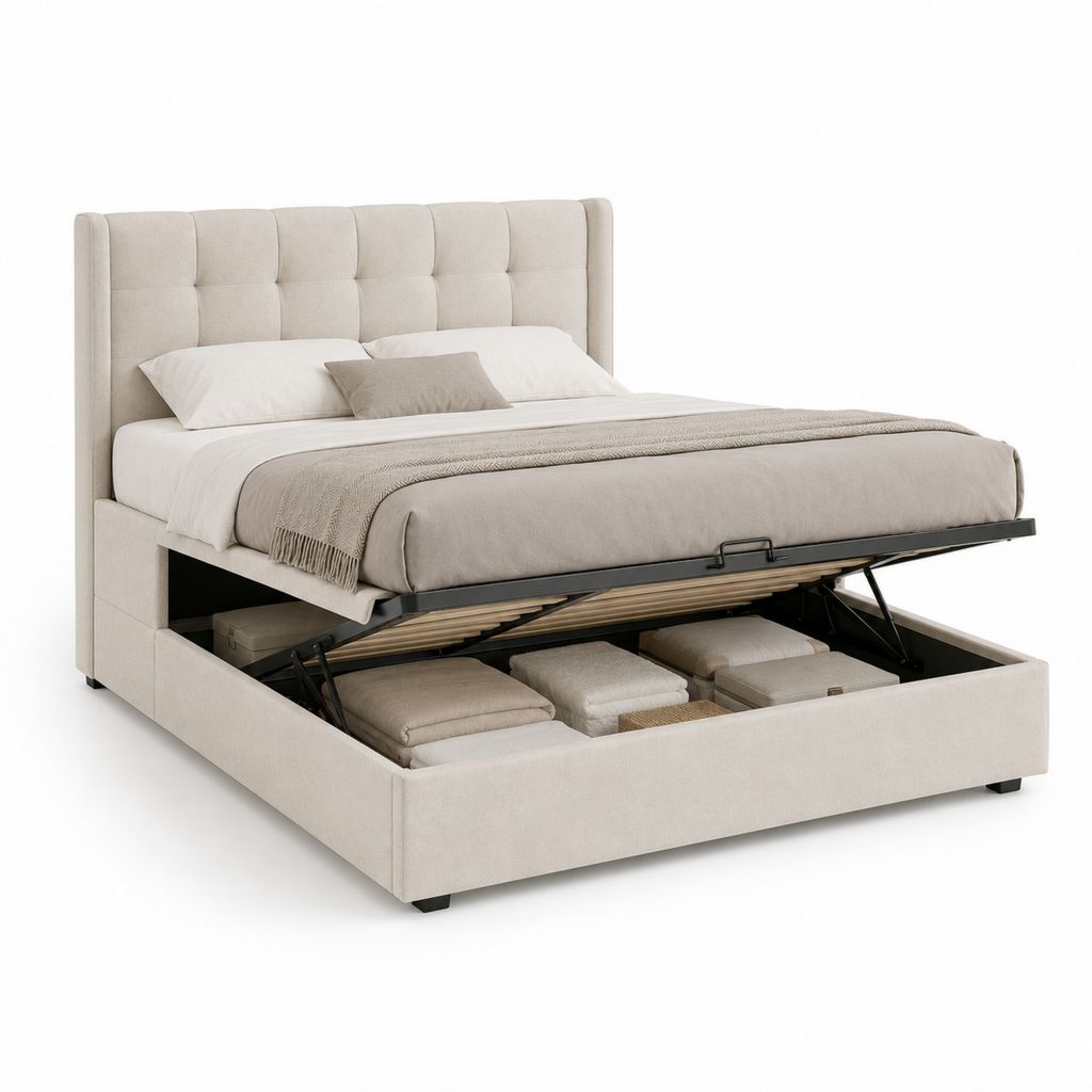 Lit double conteneur 174 × 216 × 110 cm en tissu beige, filet à lattes 160 × 200 cm, tête de lit rembourrée, structure en bois et métal