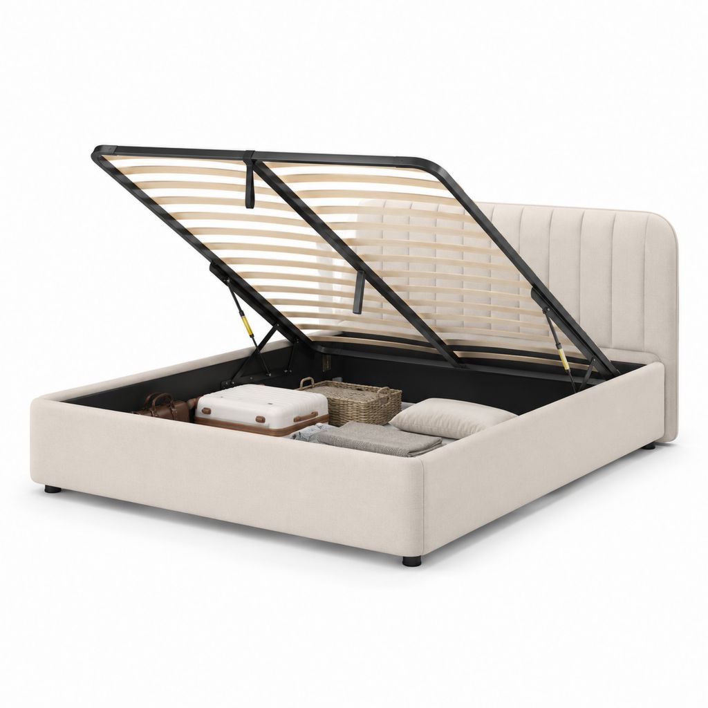 Lit double conteneur 160 × 200 cm en tissu beige, dimensions 172 × 218 × 105 cm, avec filet à lattes et levage à gaz