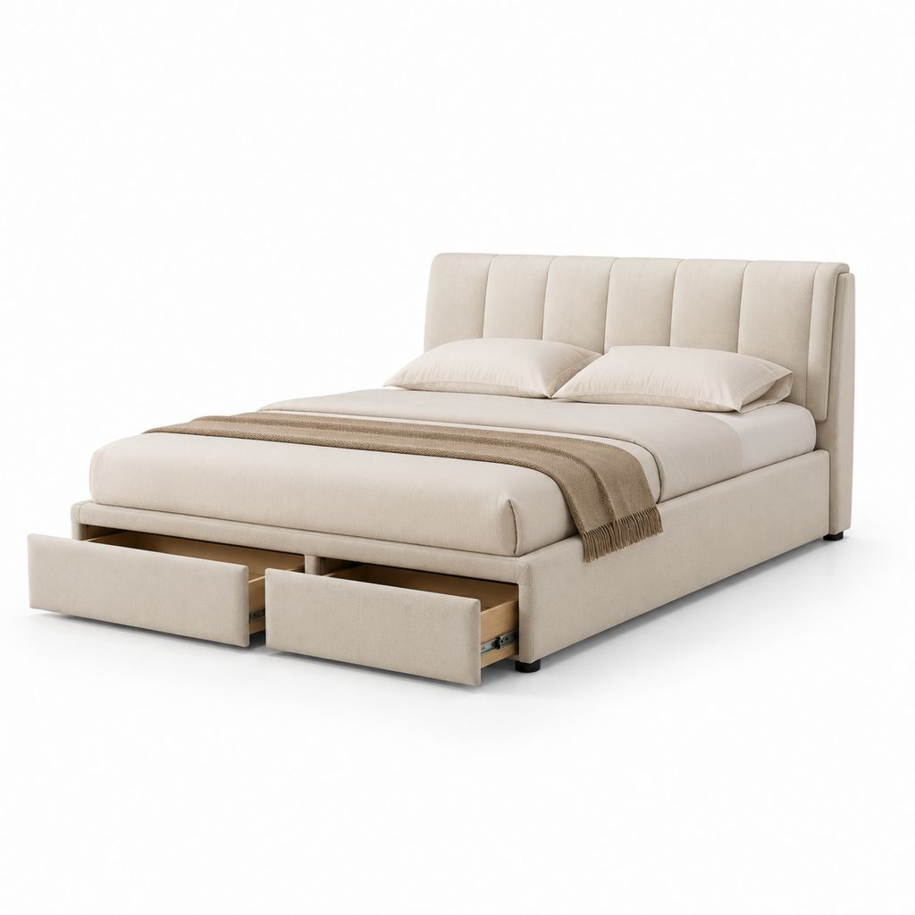 Lit double récipient en tissu beige 170 × 218 × 112 cm, filet 160 × 200 cm, tête de lit rembourrée et 2 tiroirs