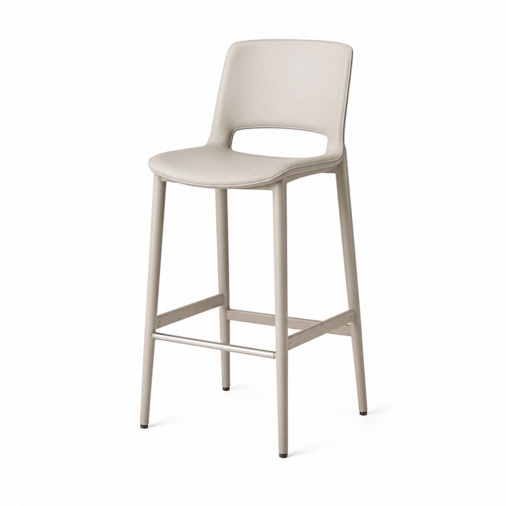 Tabouret de bar en similicuir PU et acier tourterelle et argent, 46 × 51 × 101 cm, assise haute 68 cm