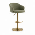 Tabouret de bar pivotant réglable en tissu bouclé vert olive et métal doré, 55 × 51 × 92-113 cm