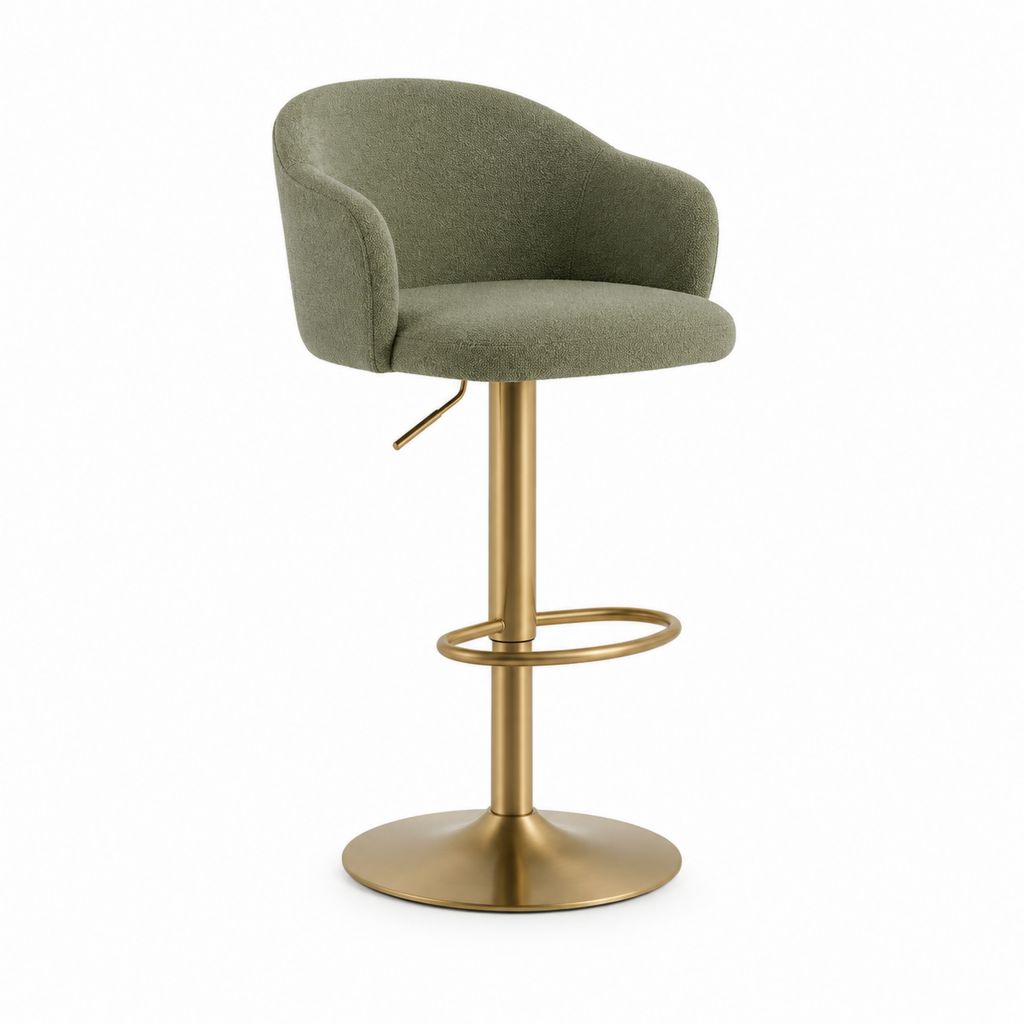 Tabouret de bar pivotant réglable en tissu bouclé vert olive et métal doré, 55 × 51 × 92-113 cm